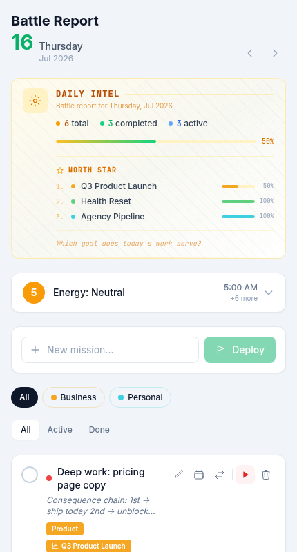 Daily Mission screen showing an active mission with a running timer and consequence chain